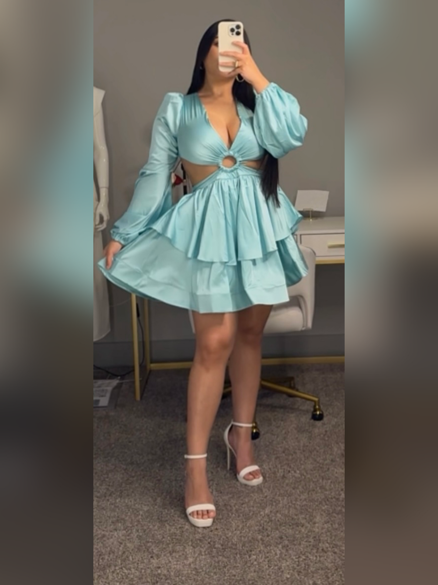 SATIN SOLID FRONT TRIM SIDE OPEN MINI DRESS